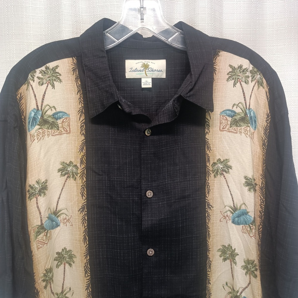 Island Shores Mens‎ XL Black Rayon Tropical Palm Tree Panel Button Front Shirt